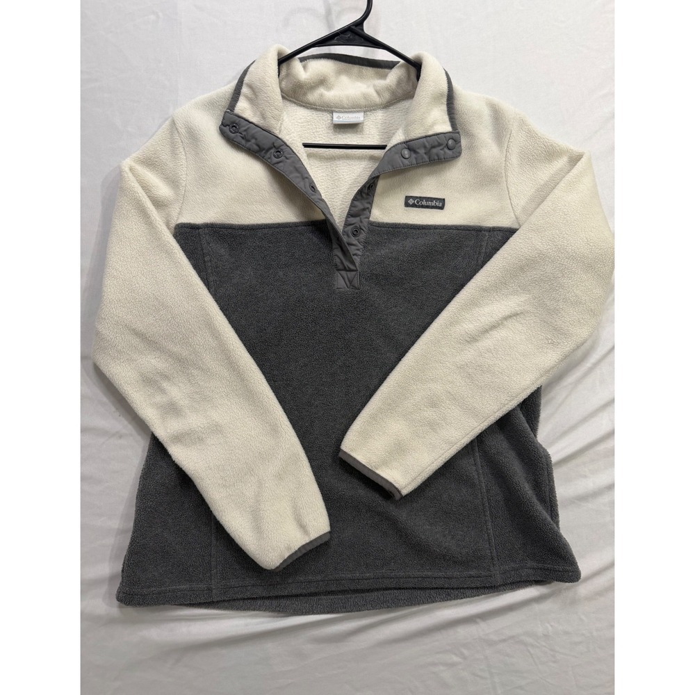 Columbia Fleece Pullover Womens Large Cream Grey Colorblock Snap Neck Sweater